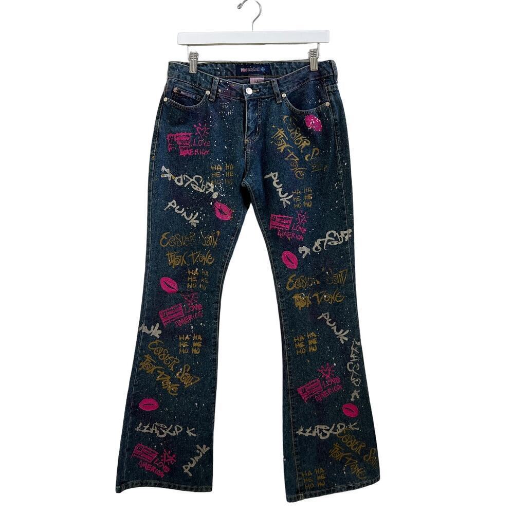 Vintage Y2K Grafitti Distressed Mid Rise Flare Jeans